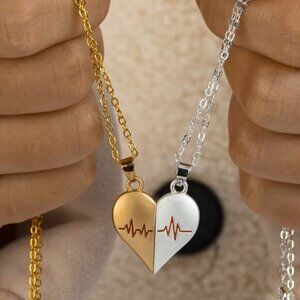 Gold, Silver Heartbeat Couple Love Necklace Matching Friend Wife Girlfriend Gift